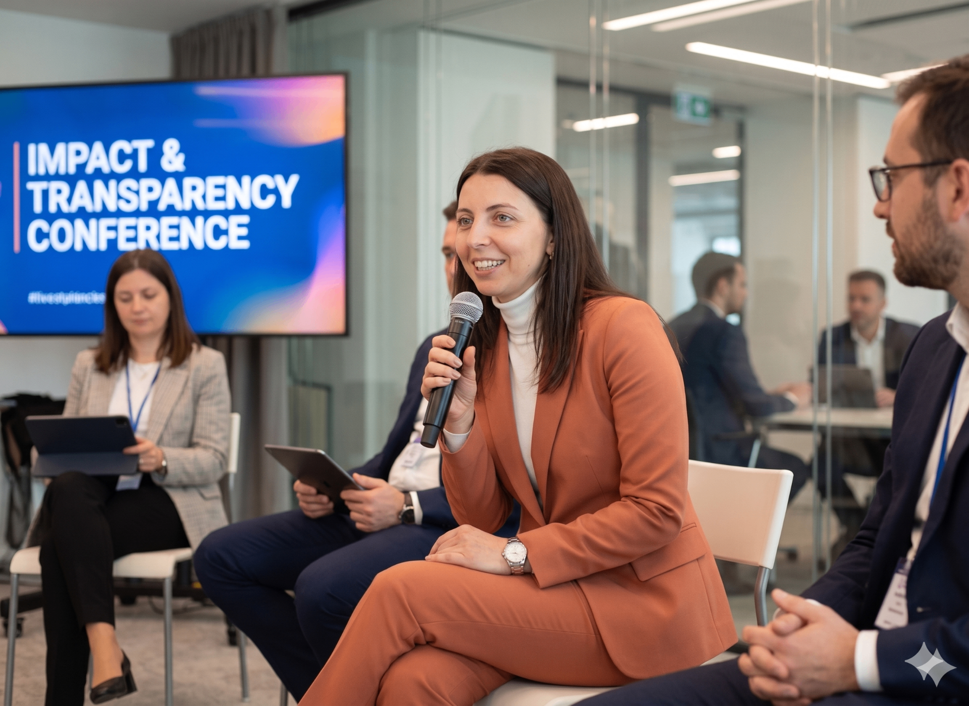 Elena Mihalas on stage at the Impact & Transparency Conference